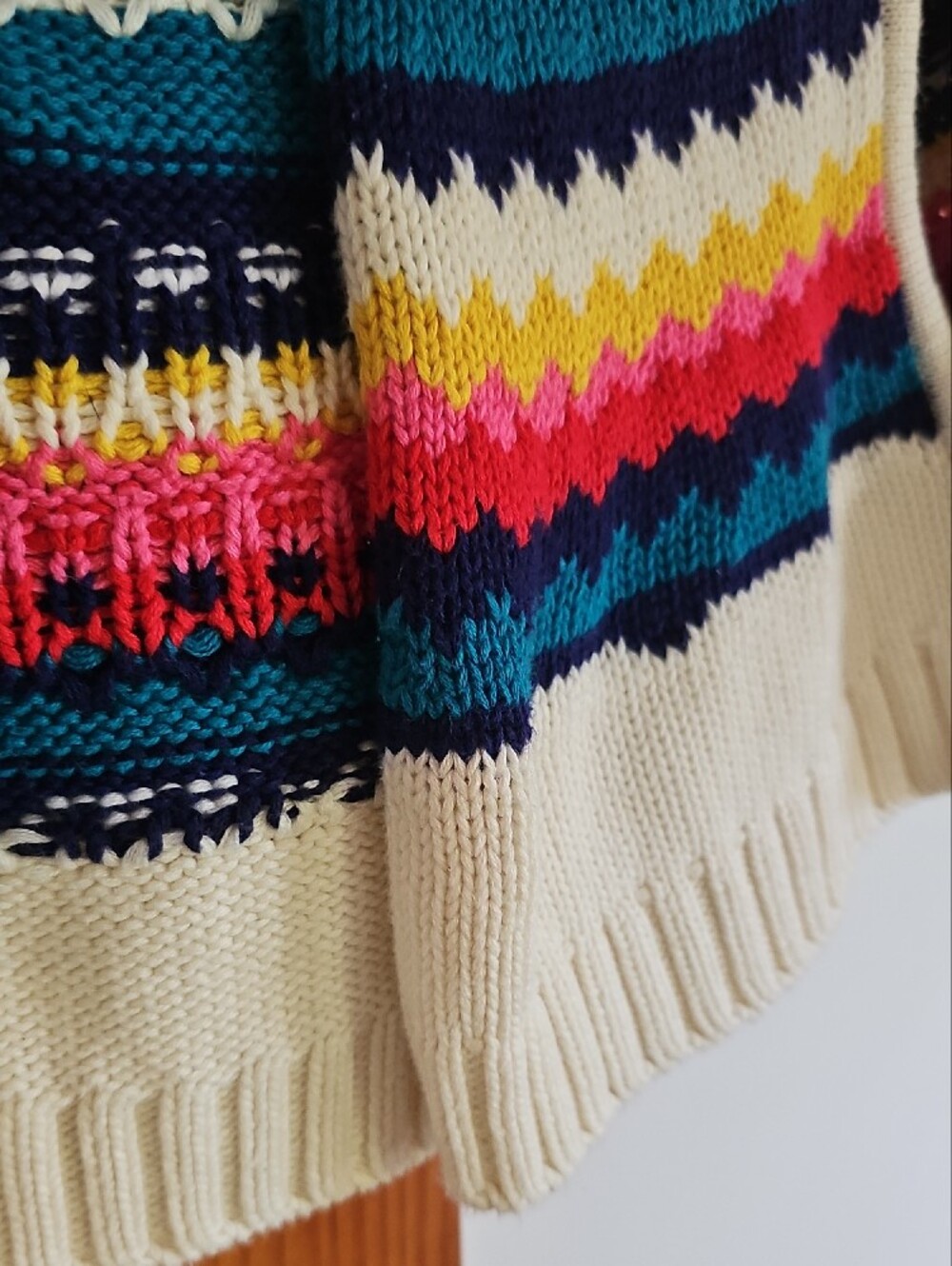 Cream Hooded Knit Cape with Multicolor Fair Isle Stripes - Picture 4 of 7